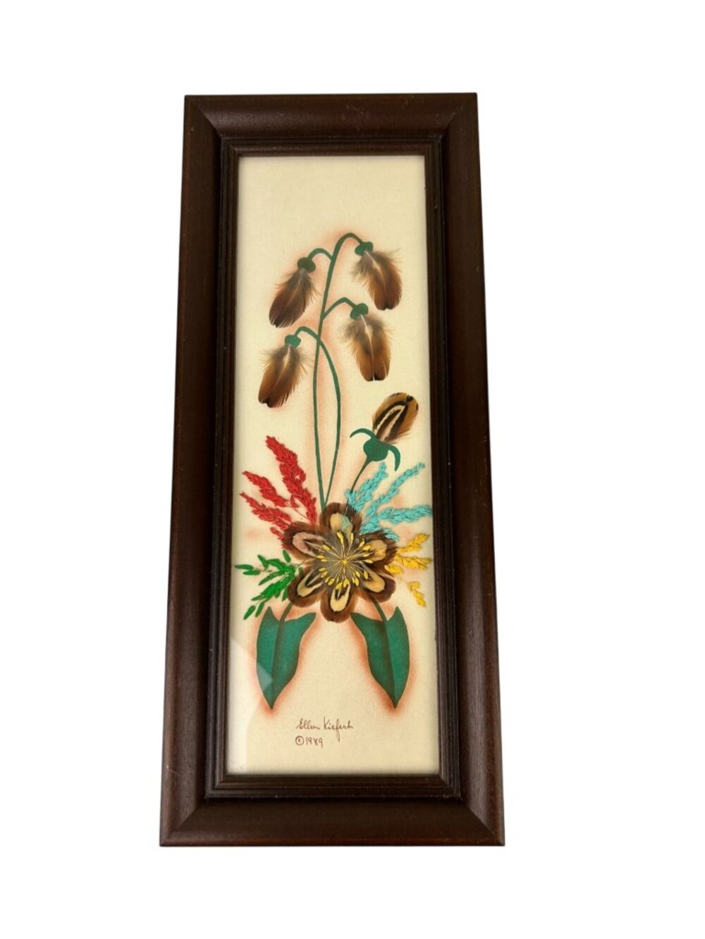 VTG Dakota Prairie Pictures Ellen Kiefert Pheasant Feather Flower Wall Art Frame
